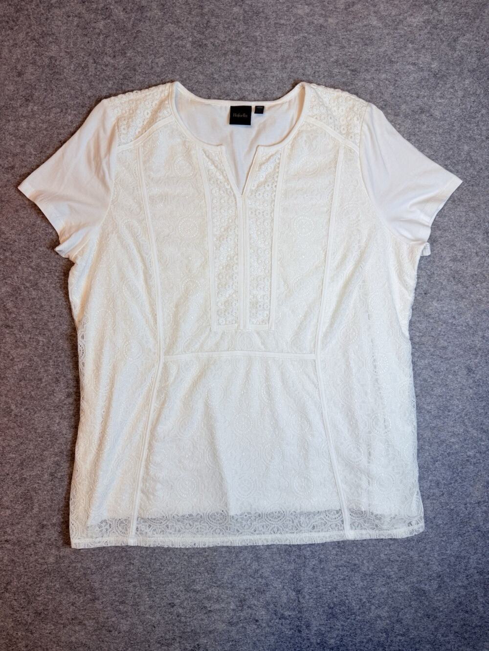 Rafaella Blouse Womens XL White Lace Crochet Style Top Split V Neck Short Sleeve